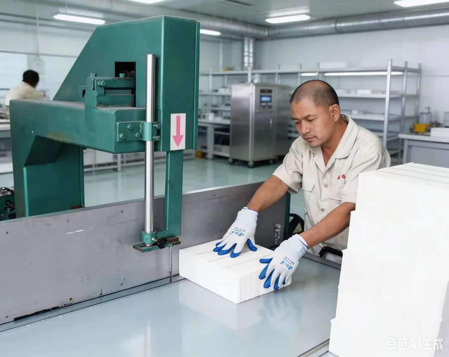 Nantong Deli QC technician inspecting humidifier filter media — hand inspection quality control process, ISO 9001 certified factory